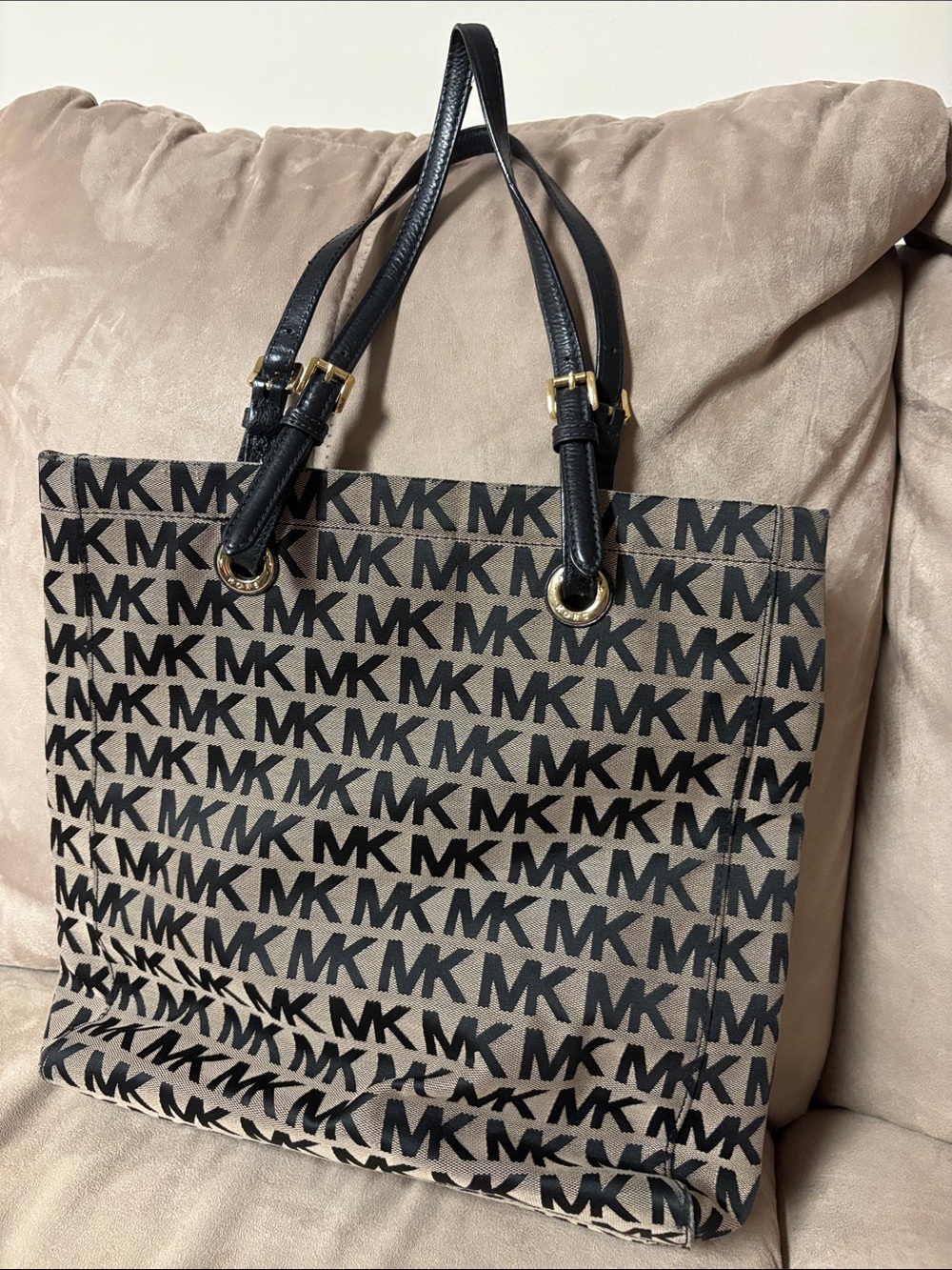 Michael Kors Tan and Black MK Logo Canvas Tote